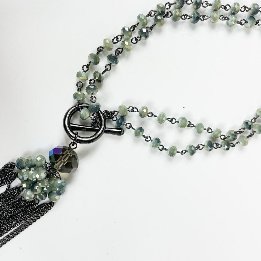 Gunmetal Toggle Clasp Chain Tassel Smoky Grey Green Beaded Sautoir Necklace
